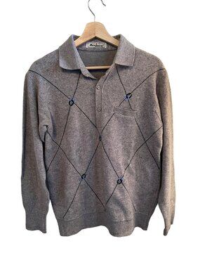 Angora Gray Sweater Long Sleeve Pullover Men's Size Medium Collared Argyle Patte